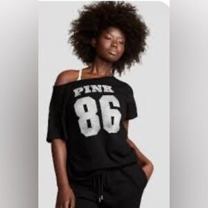 PINK Victoria's Secret Black & White Size Med Off The Shoulder Mesh Crop/Jersey